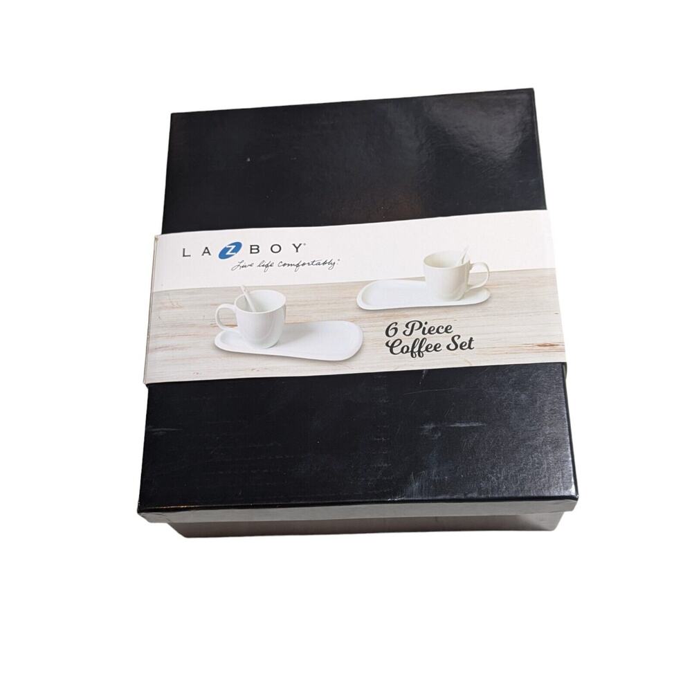 La Z Boy White Ceramic 6-Piece Coffee Set - 2 Mugs, 2 Spoons, 2 Trays New In Box